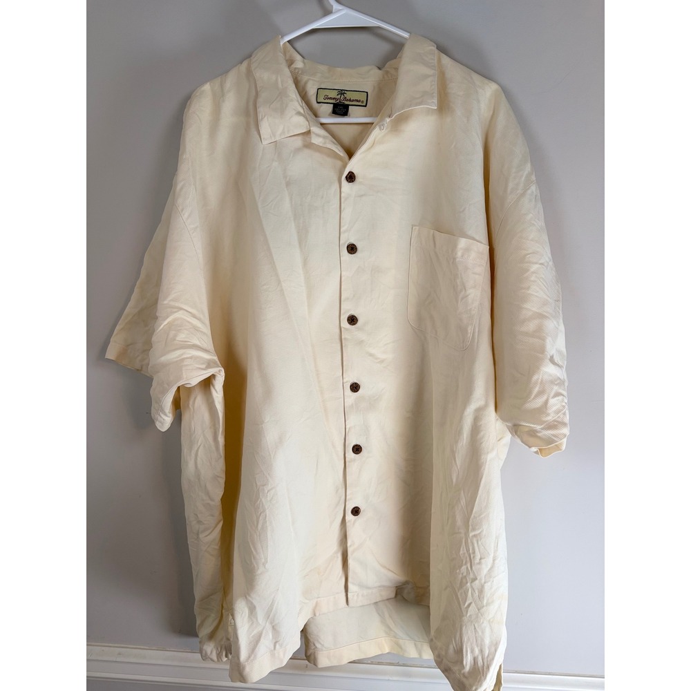 Tommy Bahama Mens XXL 100% Silk Short Sleeve Button Up Shirt Cream Textured